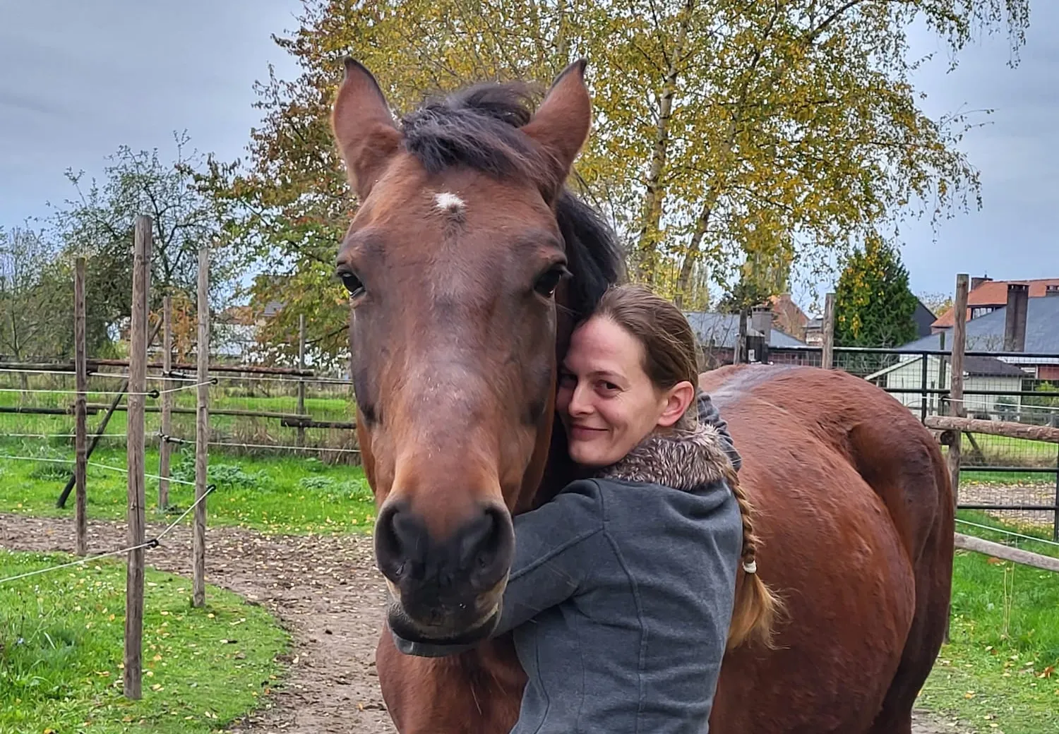 Novaria: persoon omhelst een paard in de natuur